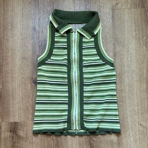 Mango Y2K Green Striped‎ Zip Up Collard Halter Top Size Large